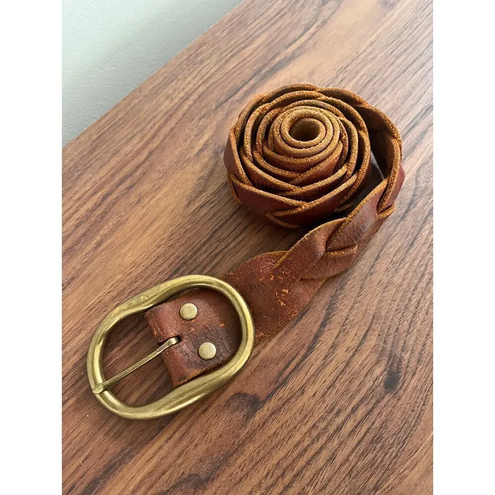 VTG Lucky Brand Tan Leather Braided Men's Belt Heavy Brass Buckle Western 46in